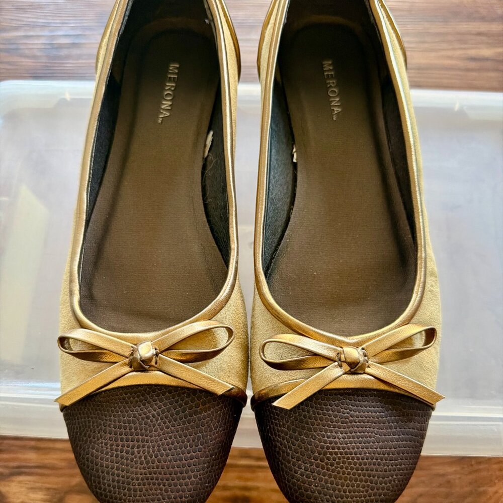 Merona Gold Ballet Flats Brown Cap Toe Bow Slip On Size 6.5